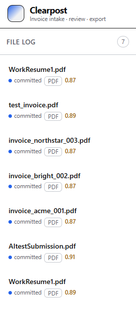 Clearpost file log listing committed PDF invoices with confidence scores