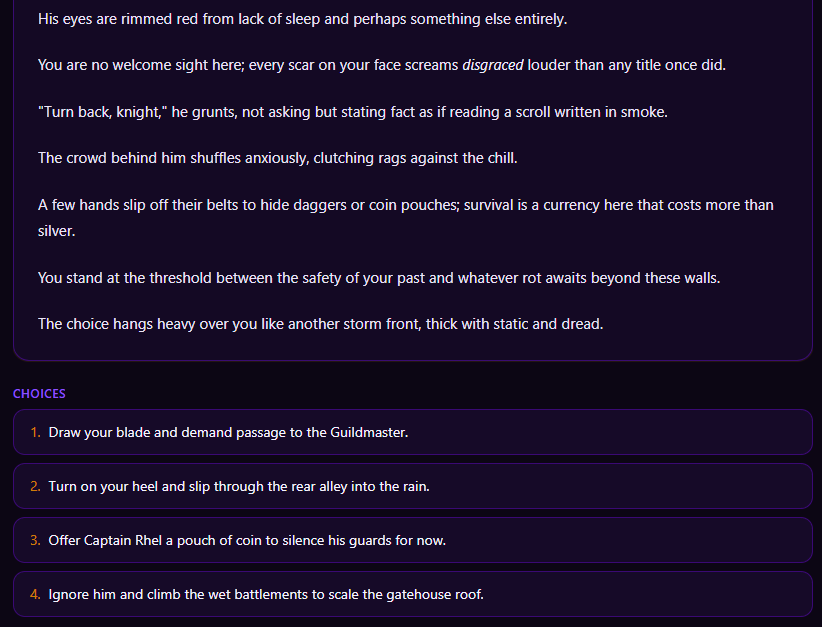Narrative prose with four numbered player choices