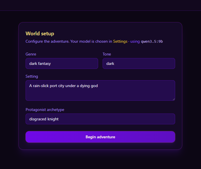 World setup form with genre, tone, setting, and protagonist archetype