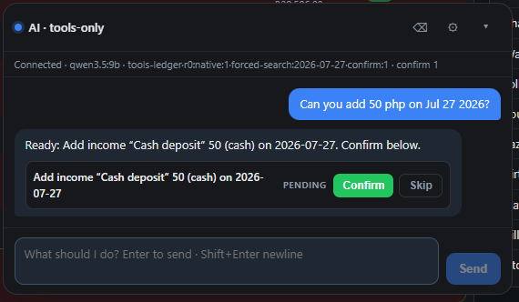 AI tools-only chat proposing an income entry with Confirm and Skip